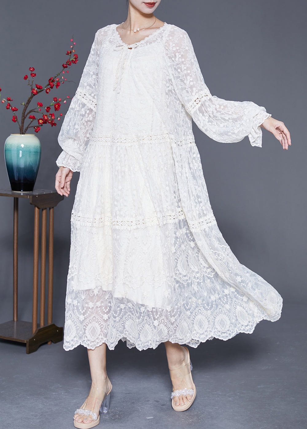 White Embroideried Patchwork Hollow Out Lace Maxi Dress Lantern Sleeve