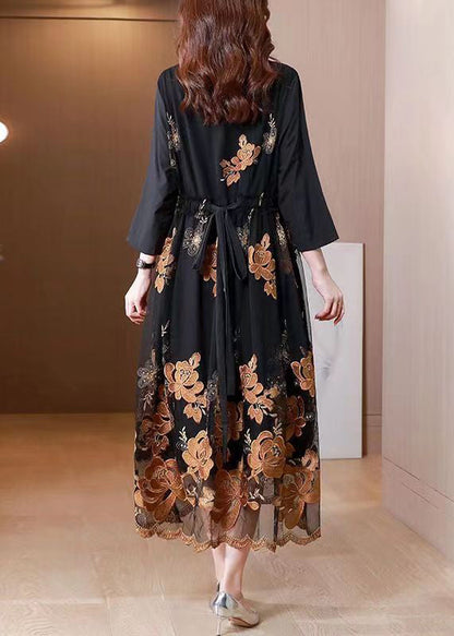 Handmade Black Peter Pan Collar Embroideried Patchwork Dress Fall