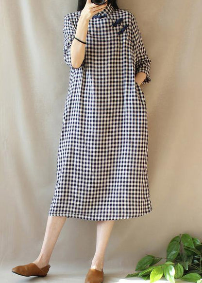 Loose Stand Collar Chinese Button Outfit Work Plaid Linen Maxi Dresses