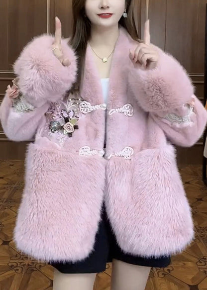 Natural White Embroideried Patchwork Chinese Button Faux Fur Coat Outwear Winter