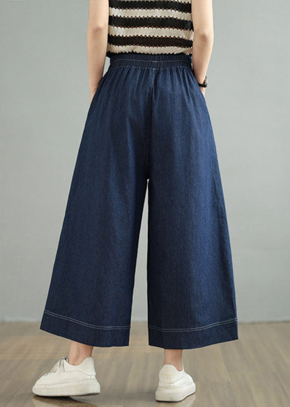 Loose Blue Pockets Elastic Waist Denim Crop Pants Spring