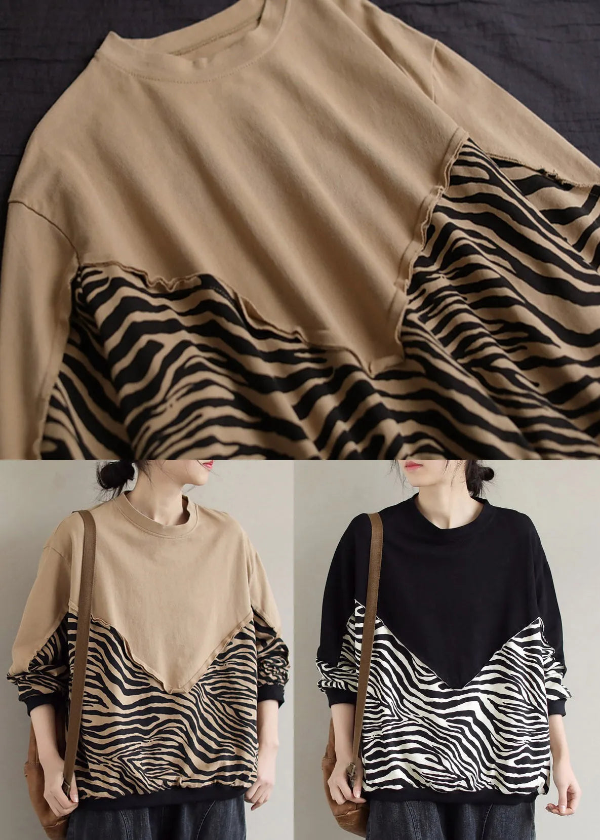 Khaki Leopard Wrinkled Sweatshirt Long Sleeve