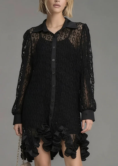 Black Peter Pan Collar Hollow Out Lace Shirt Tops Spring