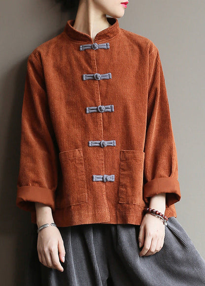 Black Stand Collar Oriental Button Corduroy Coat Spring