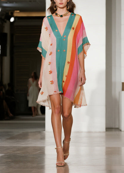 Colorblock Ruffled Striped Cotton Mini Dress Summer
