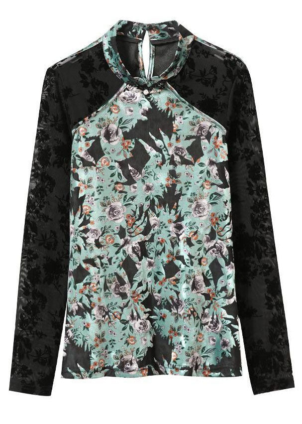 Colorblock Mandarin Collar Patchwork Silk Velour Shirt Top Long Sleeve