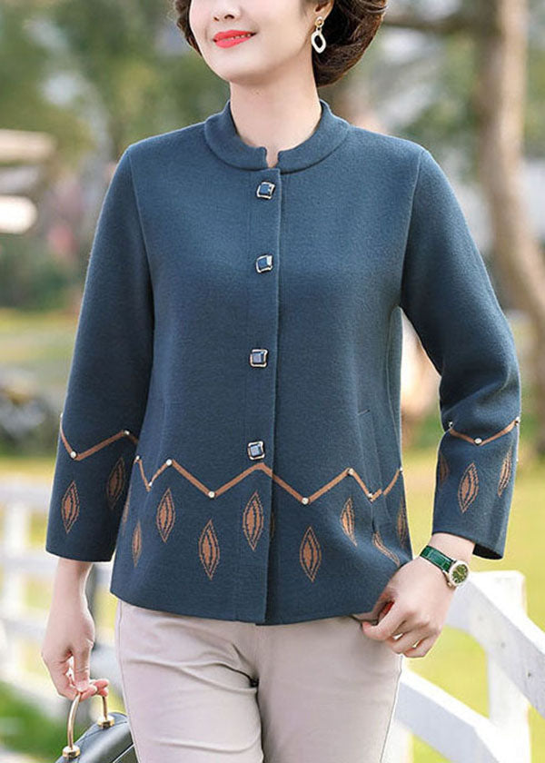 Blue O-neck Pockets Print Woolen Coats Long Sleeve