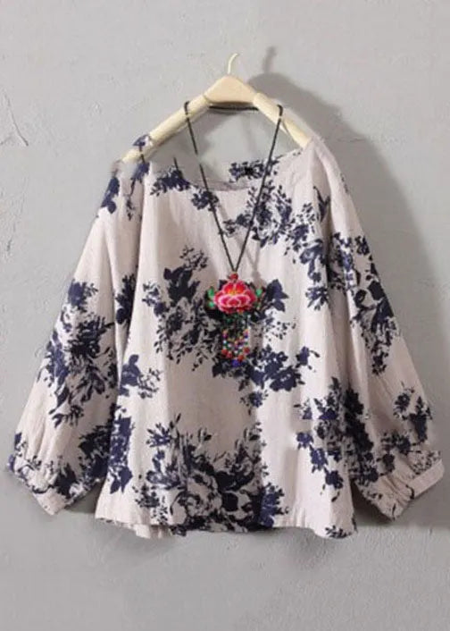 Red O-neck Print Cotton Top Long Sleeve