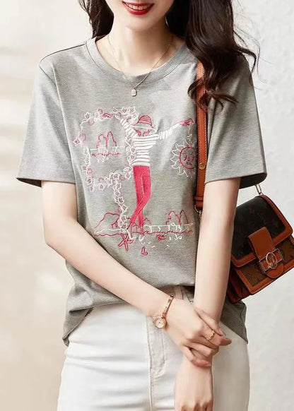Grey O Neck Embroideried Patchwork Cotton T Shirt Summer