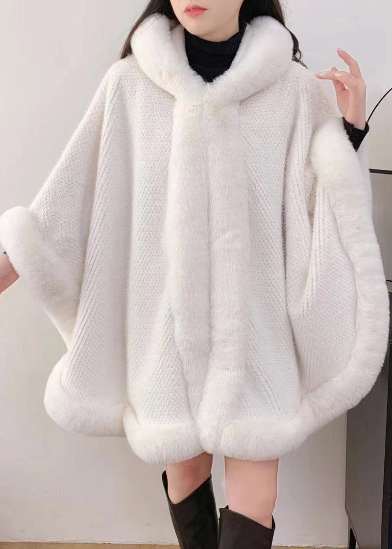Khaki Hooded Fur Collar Warm Fleece Cape Coat Winter