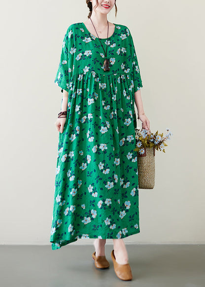 Handmade Green O-neck Print Wrinkled Long Dress Summer