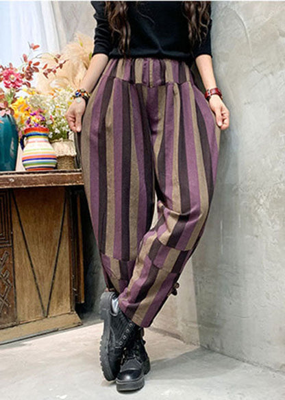 Purple Striped Patchwork Cotton Harem Pants Spring