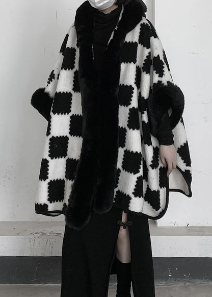 White Oversized Plaid Woolen Hooded Jacket Winter