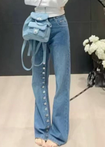 Blue High Waist Pockets Patchwork Jeans Spring