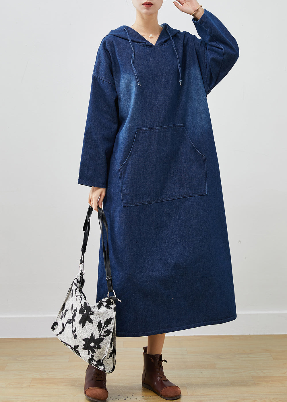 Navy Oversized Denim Hooded Dress Spring