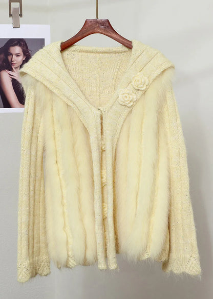 Pink Fox Fur Button Patchwork Knit Sweater