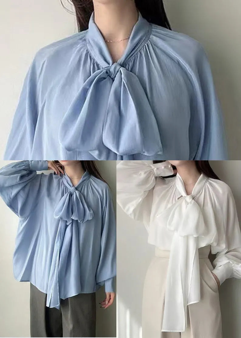 Blue Bow Oversized Silk Tops Lantern Sleeve Fall