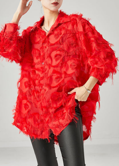 Red Tasseled Cotton Shirt Top Spring