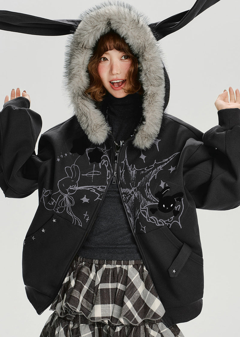Dark Grey Fur Collar Patchwork Cotton Hooded Coat Spring