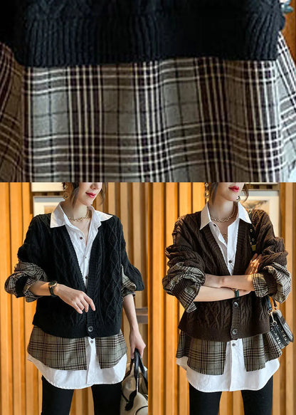 Fine Chocolate Knit Patchwork Plaid Hollow Out Wrinkled Fall Wool Two Piece Set Outfits