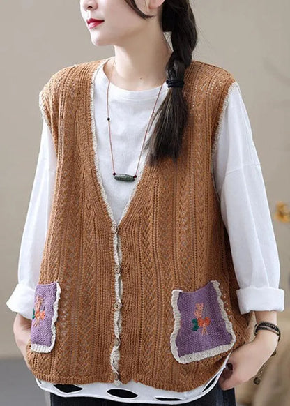 Style Khaki Embroideried Pockets Fall Shirt Knit Vest Sleeveless