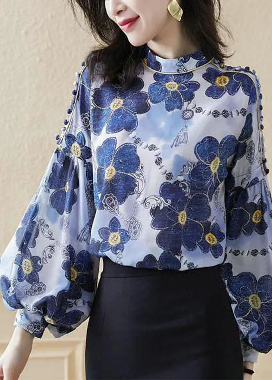 Blue Stand Collar Button Print Silk Shirt Top Spring