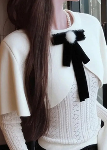 White Bow False Two Pieces Knit Cape Sweaters Winter