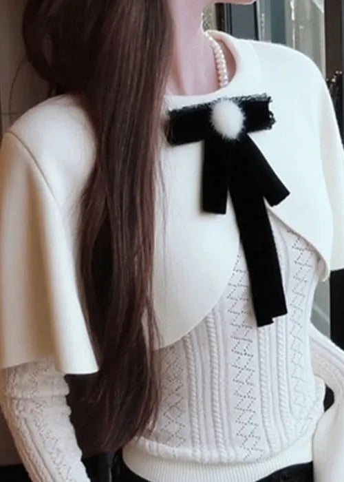 White Bow False Two Pieces Knit Cape Sweaters Winter