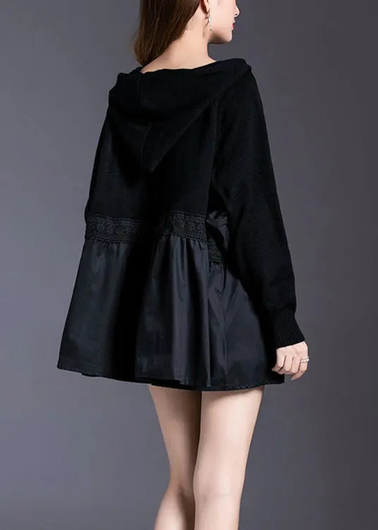 Black Hooded Patchwork Knit Pullover Spring