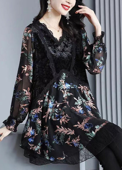 Black Velvet Print Patchwork Chiffon Dresses Spring