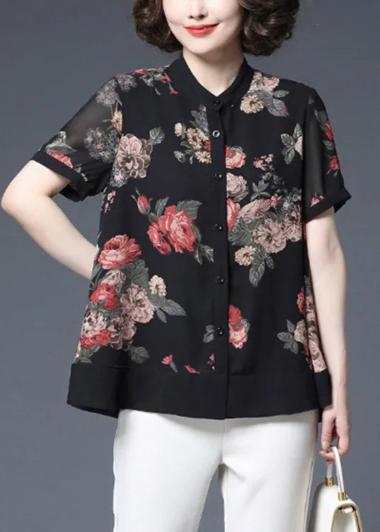 Black Stand Collar Button Wrinkled Print Chiffon Shirts Short Sleeve