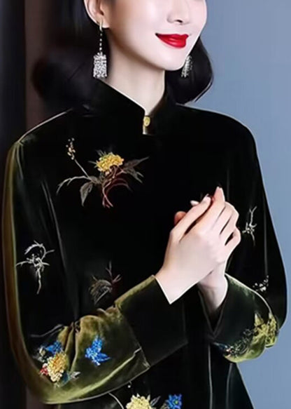 Loose Black Stand Collar Embroideried Patchwork Silk Velour Top Long Sleeve