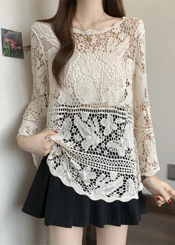 Stylish Beige Hollow Out Lace Knit Tops Summer