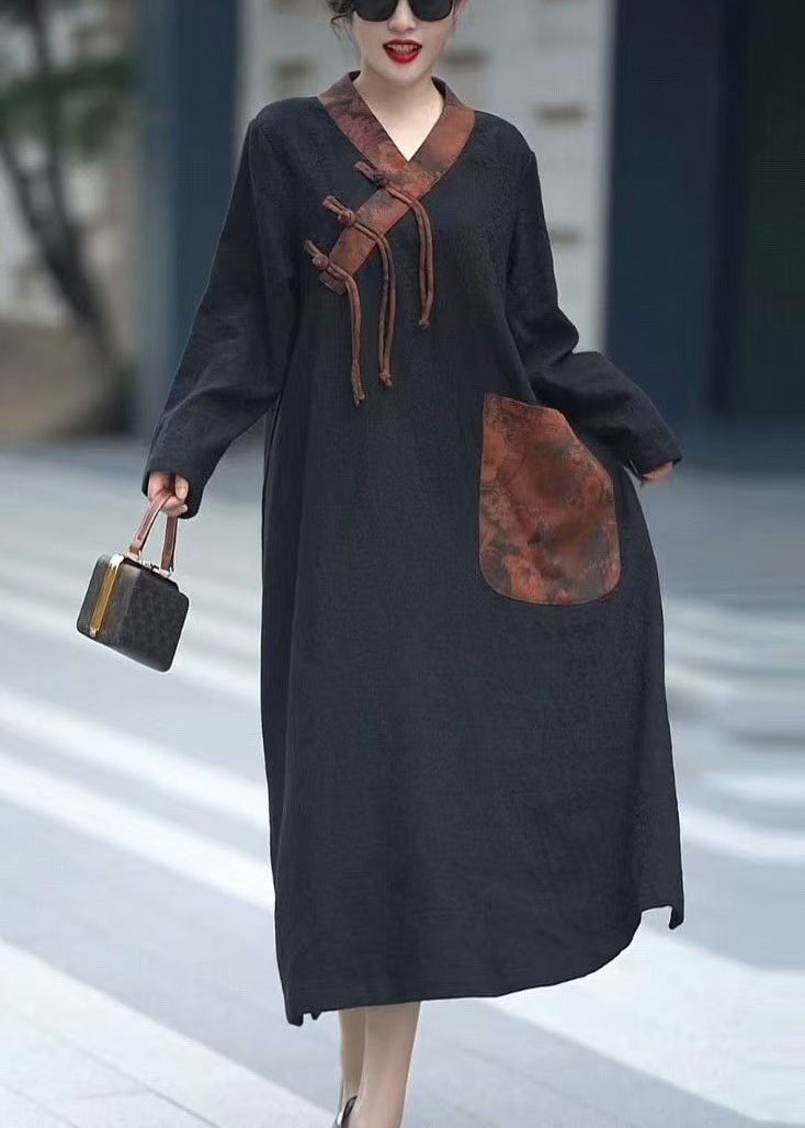 Black V Neck Chinese Button Pockets Cotton Dresses Fall