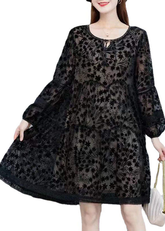 Black O-neck Velour Dresses Spring