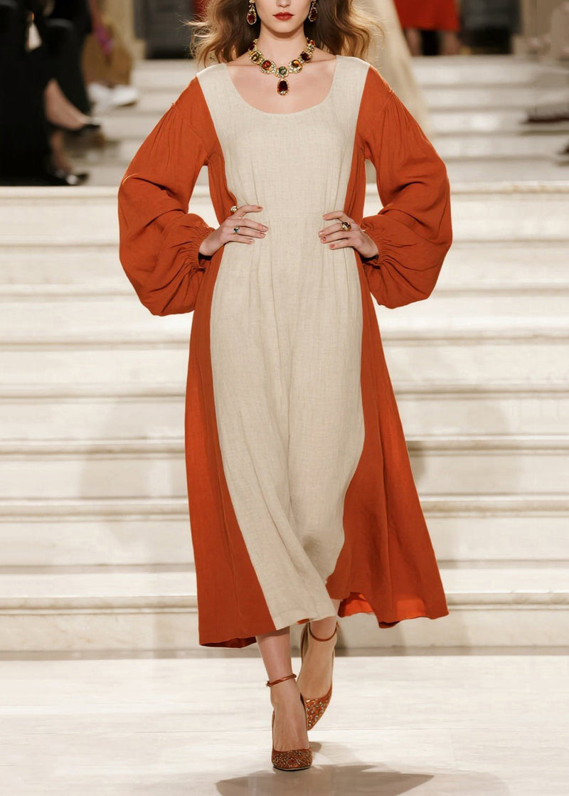 Orange Patchwork Cotton Dress Oversized U Neck Spring