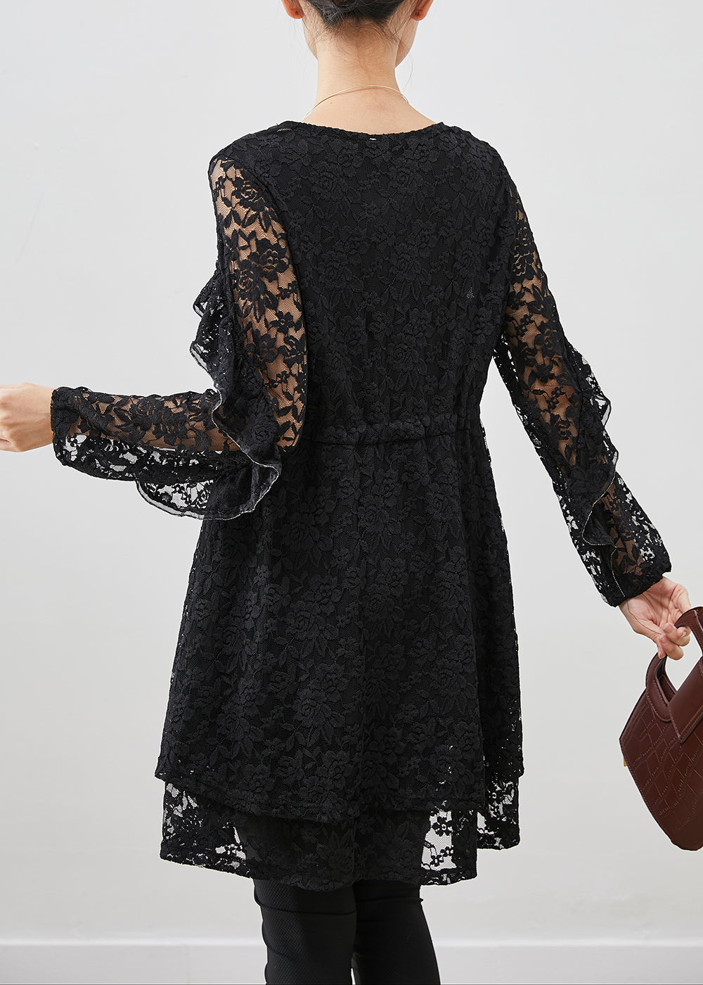 Black Silm Fit Lace a Line Dress Tie Waist Fall