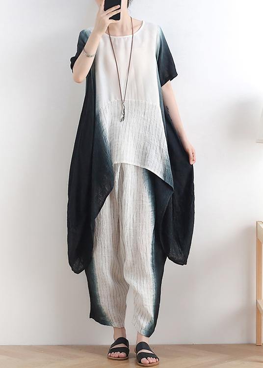 Unique Black Tie Dye Linen Short Sleeve Sets Two Pieces