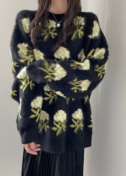 Black O-neck Cozy Ma Hai Mao Knit Sweaters Long Sleeve