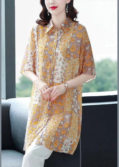 Orange Peter Pan Collar Print Button Chiffon Blouse Top Half Sleeve