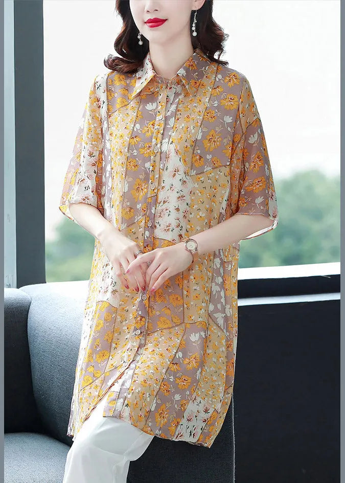 Orange Peter Pan Collar Print Button Chiffon Blouse Top Half Sleeve