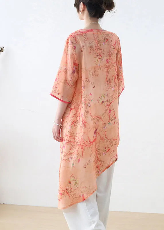 Orange Red O-neck Print Linen Shirt Top Half Sleeve