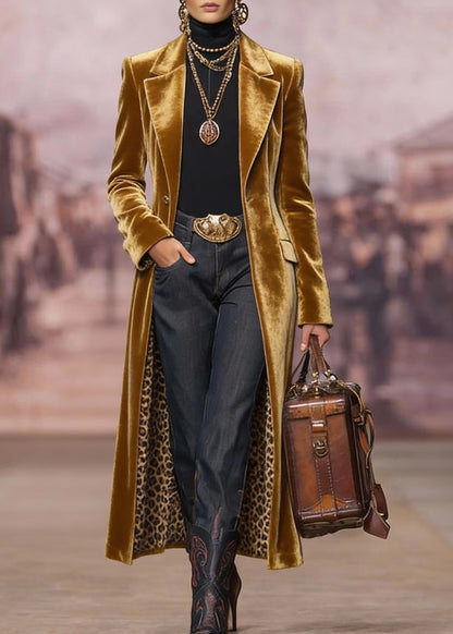 Yellow Peter Pan Collar Pockets Velvet Trench Spring