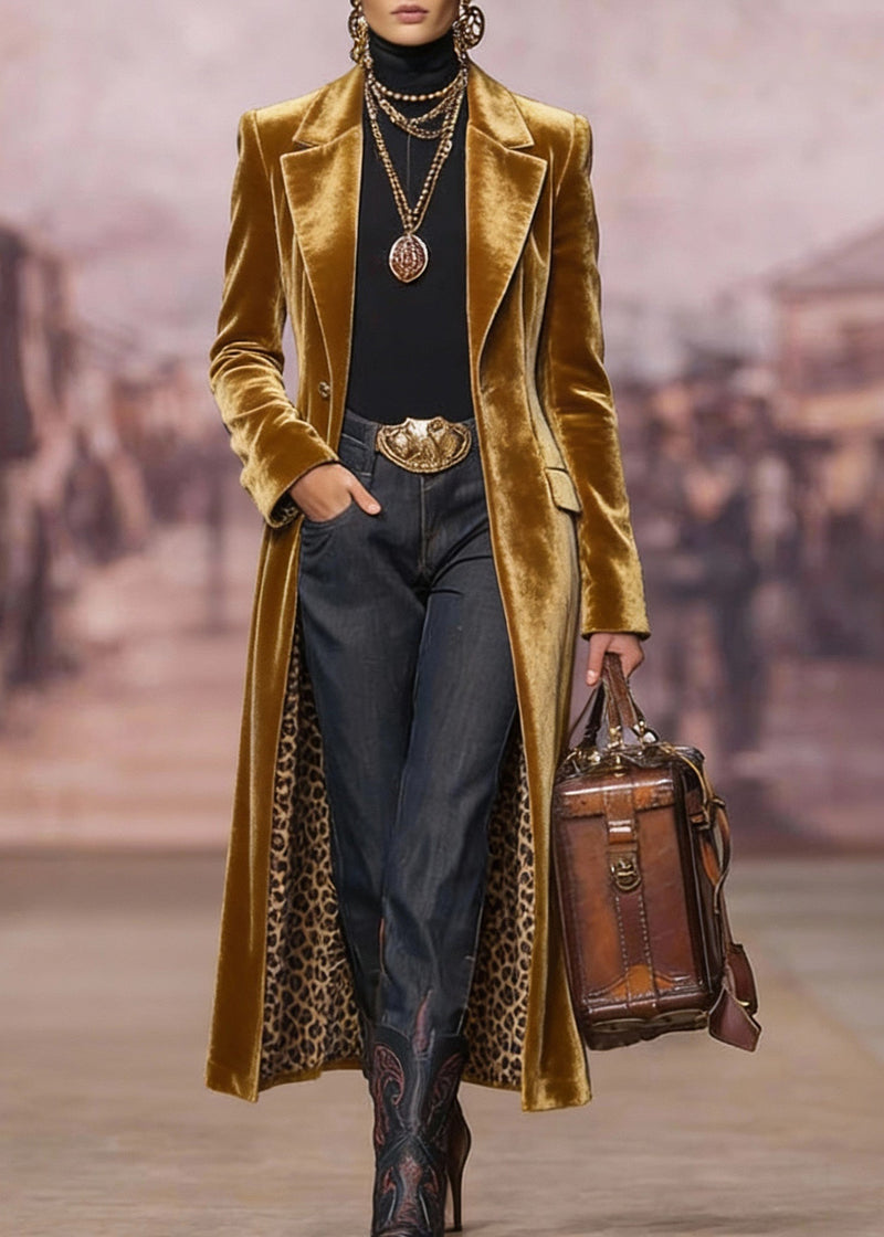 Yellow Peter Pan Collar Pockets Velvet Trench Spring