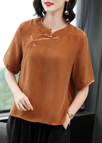 Rose O-neck Oriental Button Color Silk Shirt Top Short Sleeve