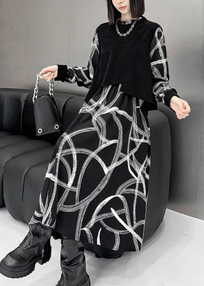 Black False Two Pieces Patchwork Cotton Dresses Fall