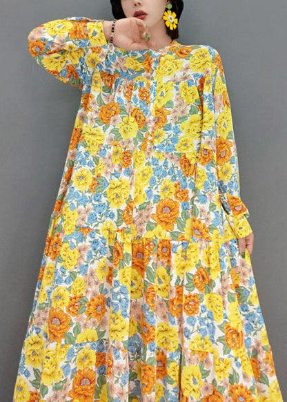 Yellow Stand Collar Print Exra Large Hem Cotton Vacation Dresses Spring