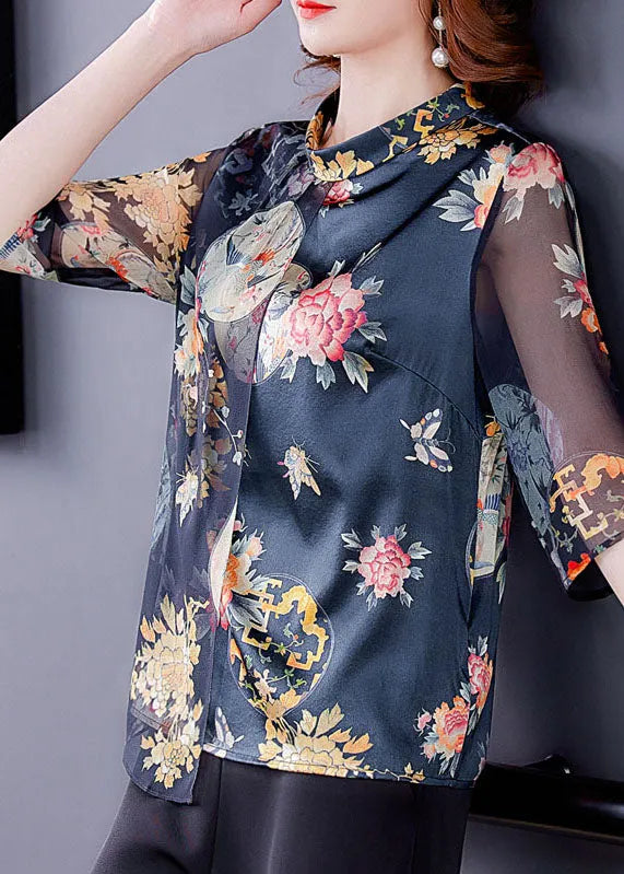 Black Stand Collar Patchwork Tulle Print Silk Shirts Half Sleeve