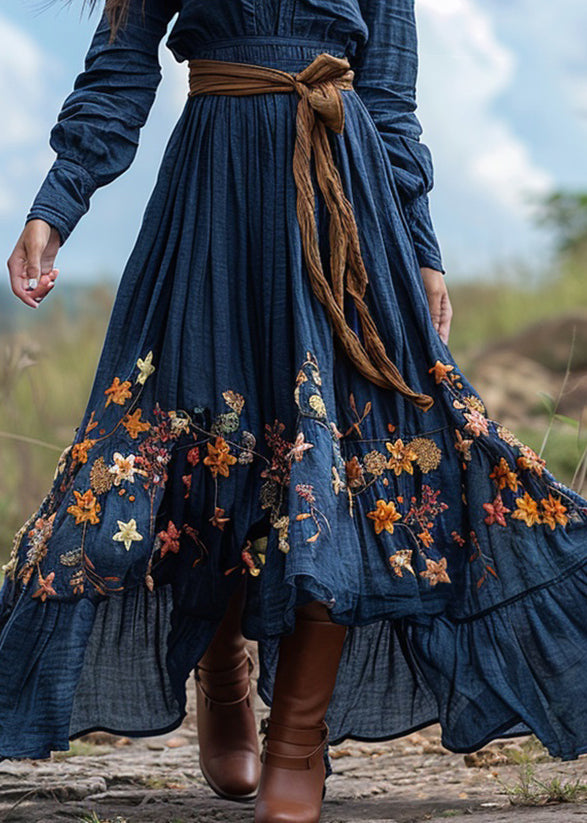 Pastoral Blue Print Wrinkled Patchwork Cotton Ankle Dress Spring