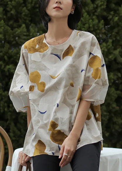 Modern Chocolate Colour O-neck Print Button Tops Half Sleeve